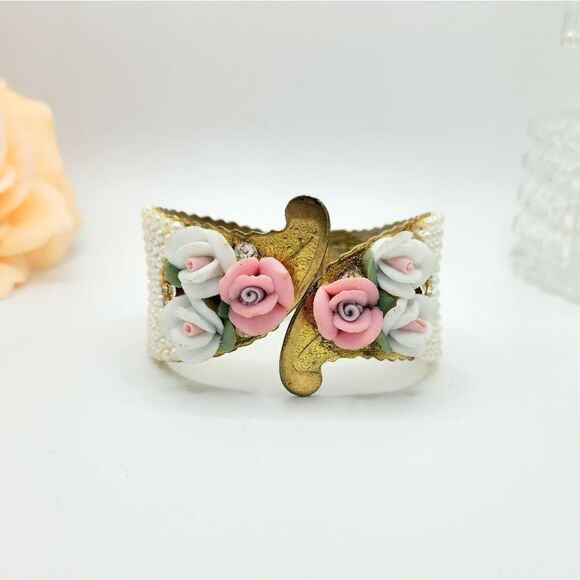 Vintage gold brass porcelain Rose leaf pearl rhinestone cuff bracelet - Picture 1 of 15